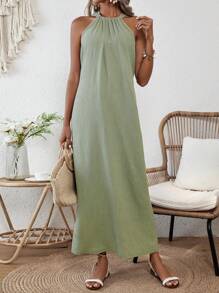 Breezaya Women's Backless Halter Neck Dress Maxi Vacation Beach Outfit - Green - View 3
