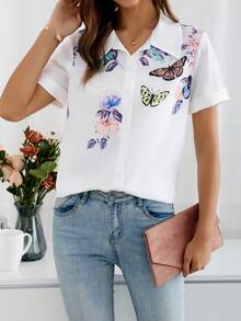 Camisa Blanca De Manga Corta Con Estampado De Mariposas Y Flores Para Mujer - Blanco - Ver 6