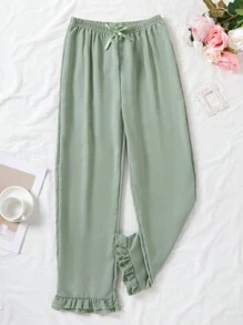 1pc Teen Girl's Mint Green Patchwork Ruffle Hem Pants Home Wear - Mint Green - View 1