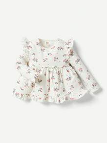 Cozy Pixies Áo dài tay cổ tròn họa tiết hoa cho bé gái có viền xếp nếp và quần màu trơn, 2 cái/bộ - màu xanh lá - Xem 12