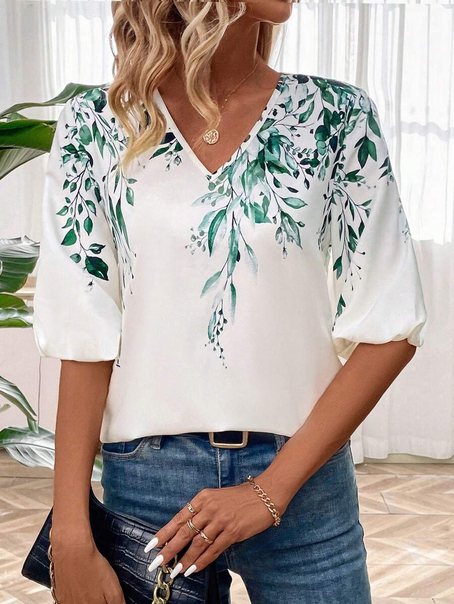 SHEIN LUNE Random Pattern V-Neck Blouse - Apricot - View 1