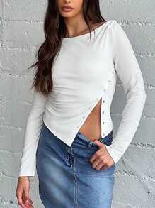 SHEIN Essnce 女性不對稱單側開衩鈕扣t恤 - 白色 - 查看 1