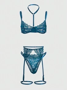 ROMWE Kawaii Floral Lace Underwire Garter Lingerie Set With Choker - Blue - View 2