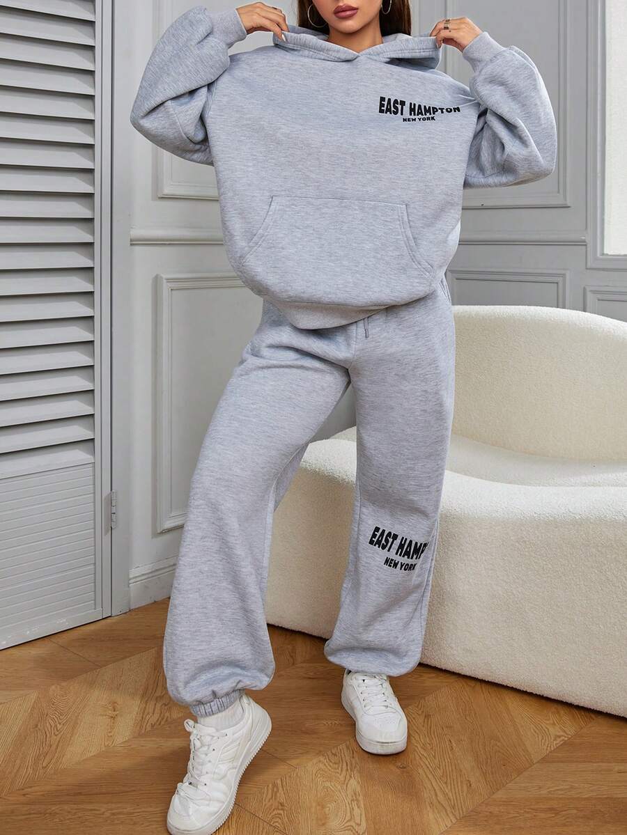 字母图案袋鼠口袋连帽衫和运动裤 春季款 - 灰色 - 查看 1