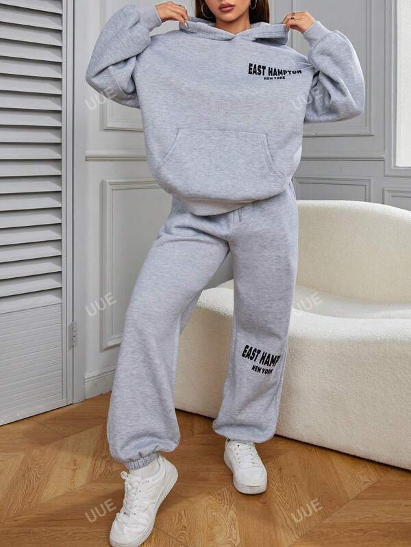 Pantalon De Survêtement & Sweat-Shirt À Capuche À Lettres À Poche Kangourou