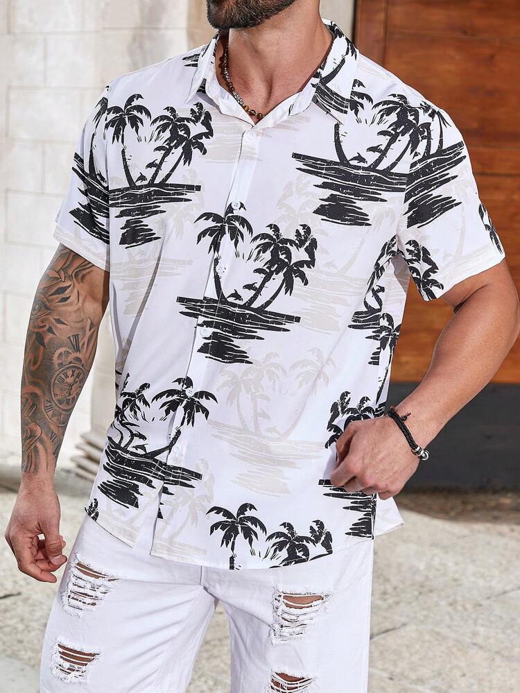 Men's Plus Size Coconut Tree Print Short Sleeve Shirt