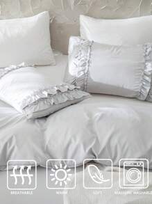 灰色荷叶边被套三件套,波西米亚农舍风格床上用品,荷叶边装饰,灰色,柔软超细纤维被套,1个被套,2个枕套,不含被芯,适合学生使用 - 灰色 - 查看 7