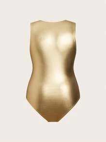 Celure Plus Size Metallic Sleeveless Bodysuit - Gold - View 2