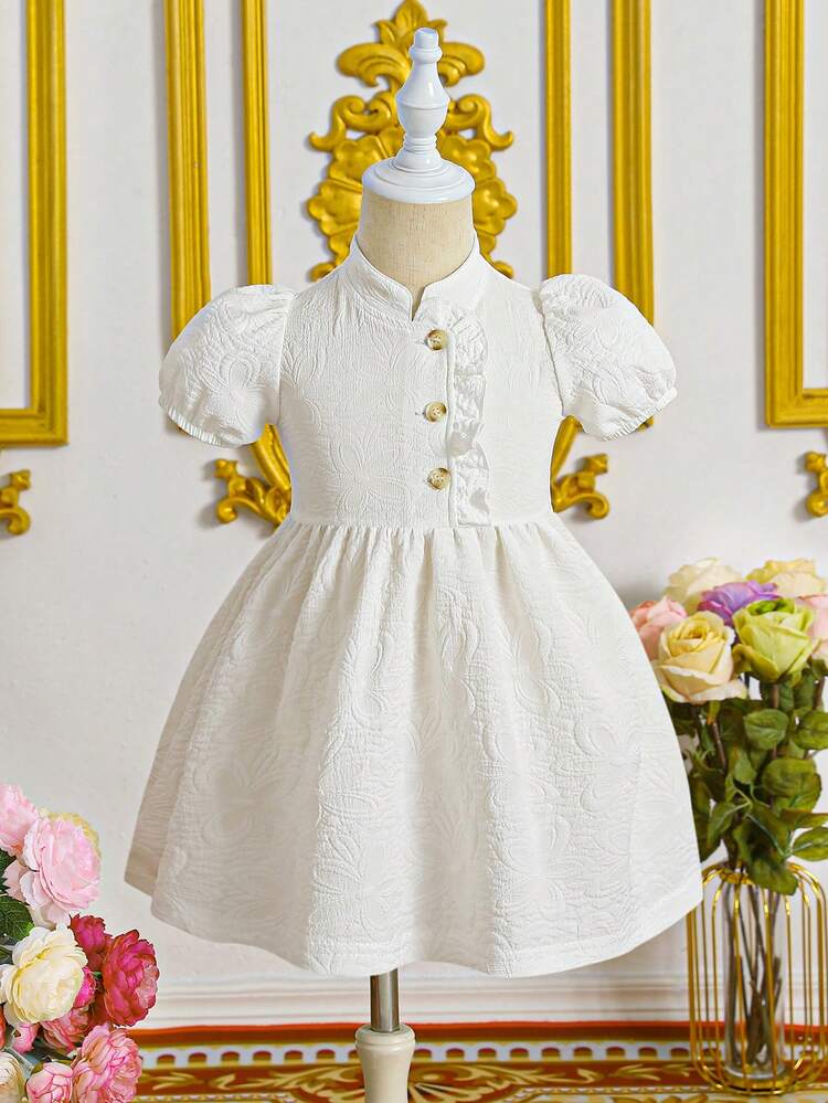 Baby Girl 2024 New Summer Gorgeous Jacquard Stand Collar Bubble Sleeve Fluffy Dress