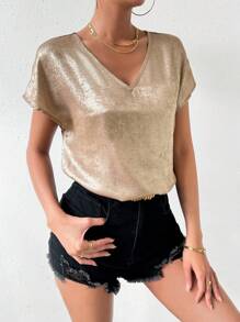 Chiquease 女性光澤v領蝙蝠袖衫 - 金色 - 查看 6