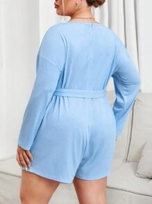SHEIN Essnce Enterizo azul de manga larga en talla grande con cintura con cinturón y cremallera trasera para primavera/verano - Azul - Ver 2