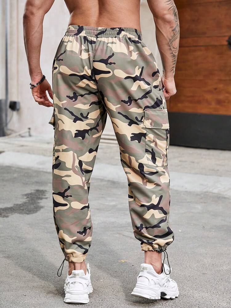 Men's Plus Size Camouflage Print Drawstring Waist Cargo Pants
