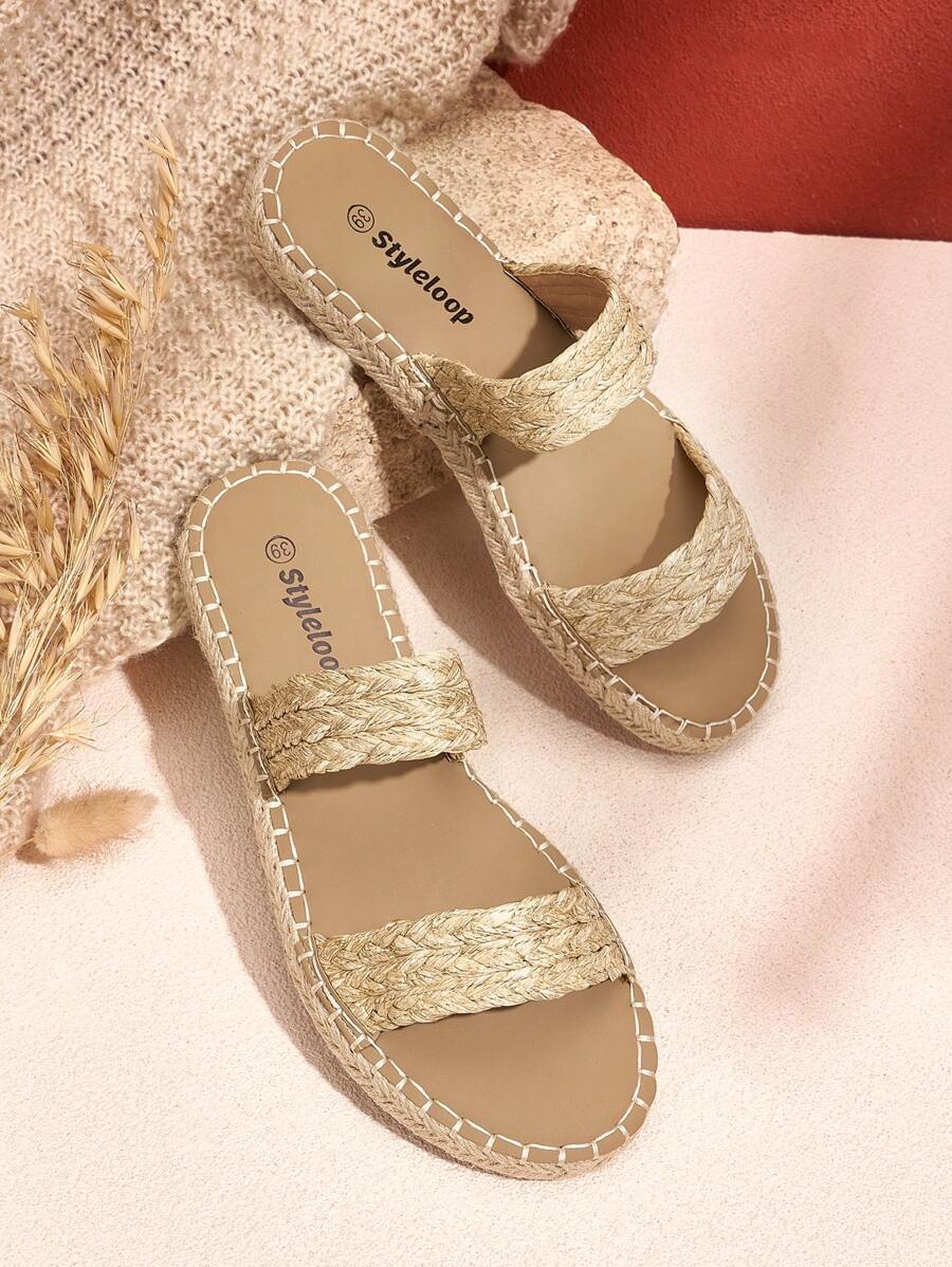 Styleloop Sandalias Planas Tejidas Versátiles Y De Moda Para Mujer Para Vacaciones, Sandalias Planas De Primavera Y Verano Con Punta Abierta Simple De Lino Sintético De Color Caqui - Marrón - Ver 1