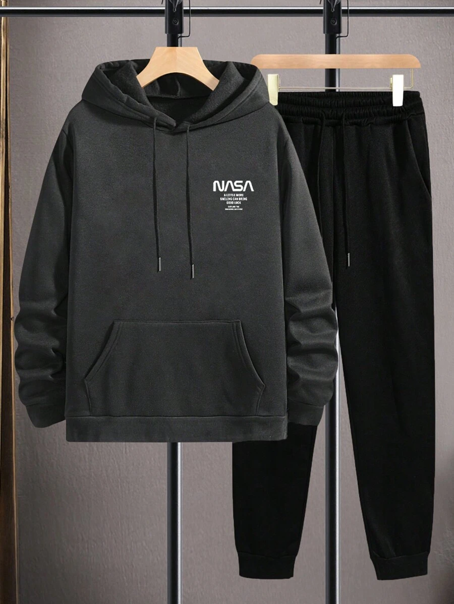 EURMUSE Men's Letter Print Sweatshirt And Sweatpants Set With Drawstring Waist - Dark Grey - View 1