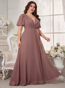 Plus Size V-Neck Pleated Chiffon Evening Dress - Dusty Pink - View 1