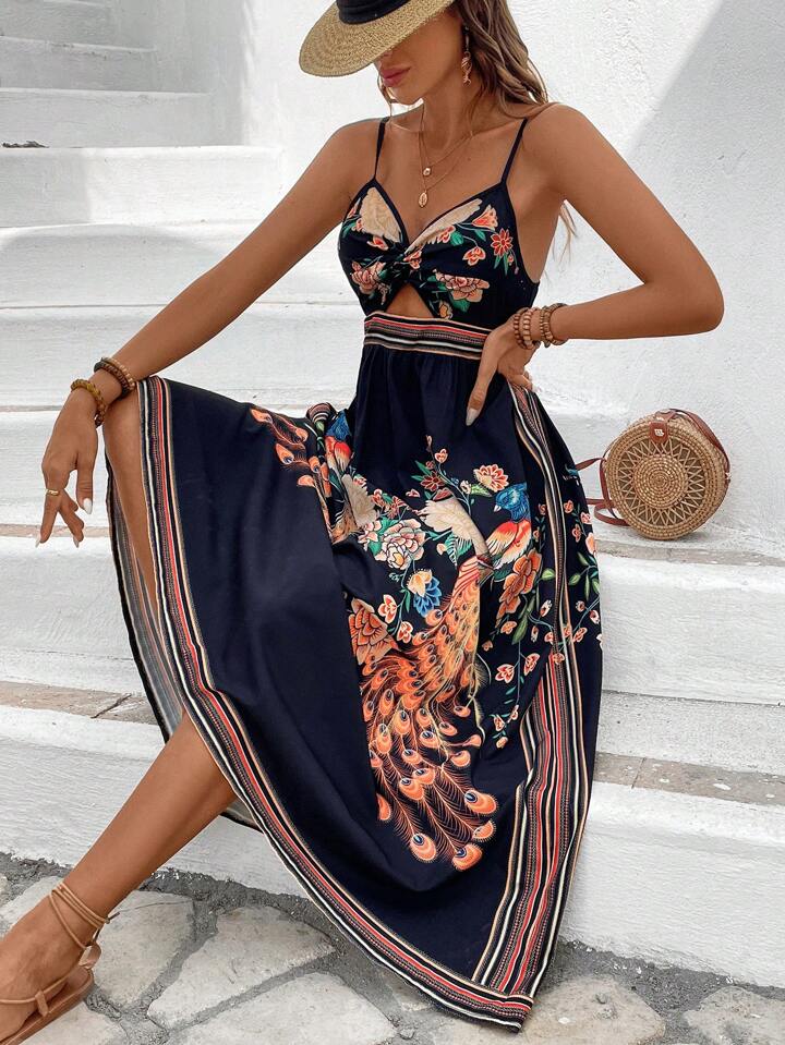 SHEIN LUNE Women's Sleeveless Peacock Print Dress | SHEIN USA