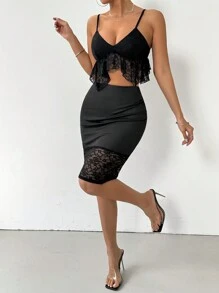 Zolique Ladies' Lace Trimmed Camisole Top & High Waist Skirt Set - Black - View 6
