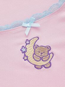 ROMWE Kawaii Camiseta Con Ribete De Encaje Y Bordado De Dibujos Animados Para Mujer - Rosa - Ver 4