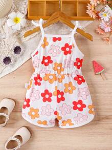 SHEIN Baby Girl Casual Basic Adorable Flower Print Romper With Shoulder Straps For Outdoors In Spring/Summer - Multicolor - View 2