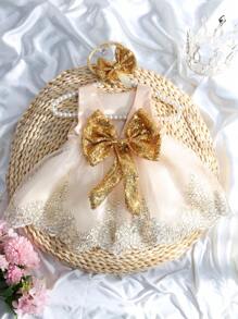 SHEIN 2pcs Newborn Baby Girls' Glitter Bow Decorated Embroidery Mesh Splice Dress With Headband For Photography - Champagne - View 2