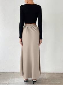 Uhlyne Damen einfarbiger eleganter Maxirock Damenoutfit - Champagnerfarben - Übersicht 8