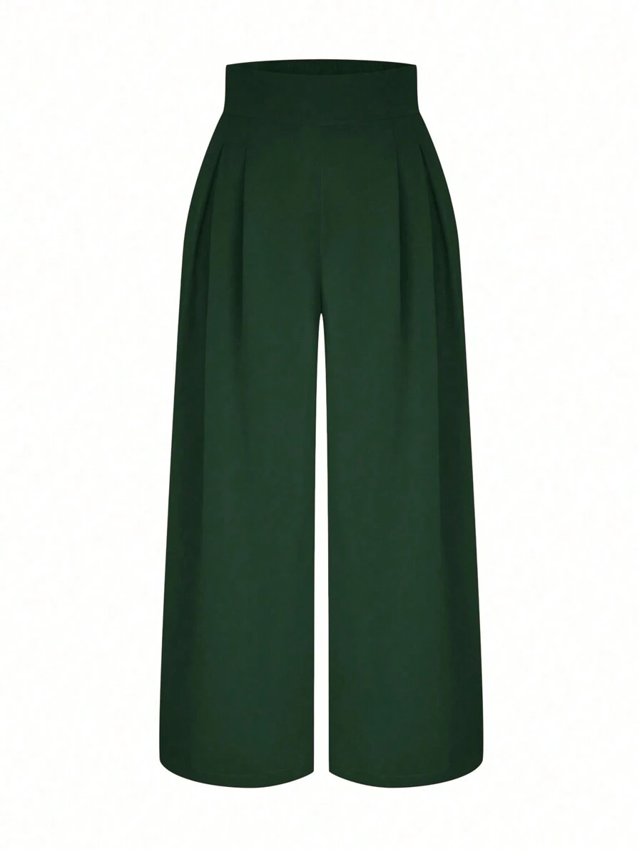 SHEIN Clasi 大碼女士高腰寬腿褲 - 綠色 - 查看 1
