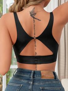 Women's Solid Color Comfortable Backless Bra With Removable Pads, Low Support & Seamless - Black - View 3
