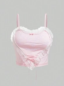 ROMWE Kawaii Valentine's Day Cute Abstract Heart & Rabbit Embroidery Camisole - Pink - View 1