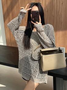 DAZY Solid Color Loose Fit Hollow Out Wide Round Neck Sweater For Women Off Shoulder Sweater,Long Sleeve Tops Summer Sheer Fall - Light Grey - View 3