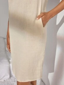 Ocili 100%純棉天然原料女式淺卡其色V領無袖家居服裙 - 卡其色 - 查看 5