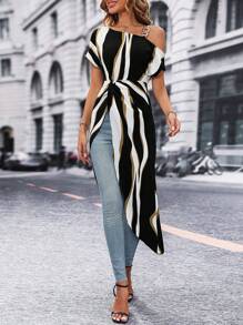 SHEIN Clasi 女士不对称肩长衬衫单肩上衣 - 黑色 - 查看 3