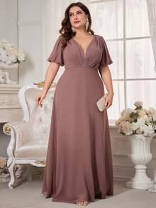 Plus Size V-Neck Pleated Chiffon Evening Dress - Dusty Pink - View 5