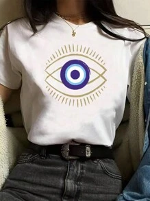 INAWLY 女式時尚魔鬼眼印花短袖圓領t恤 - 白色 - 查看 1