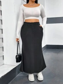 Flirla 大尺寸斜口袋魚尾下擺半身裙 - 灰色 - 查看 1