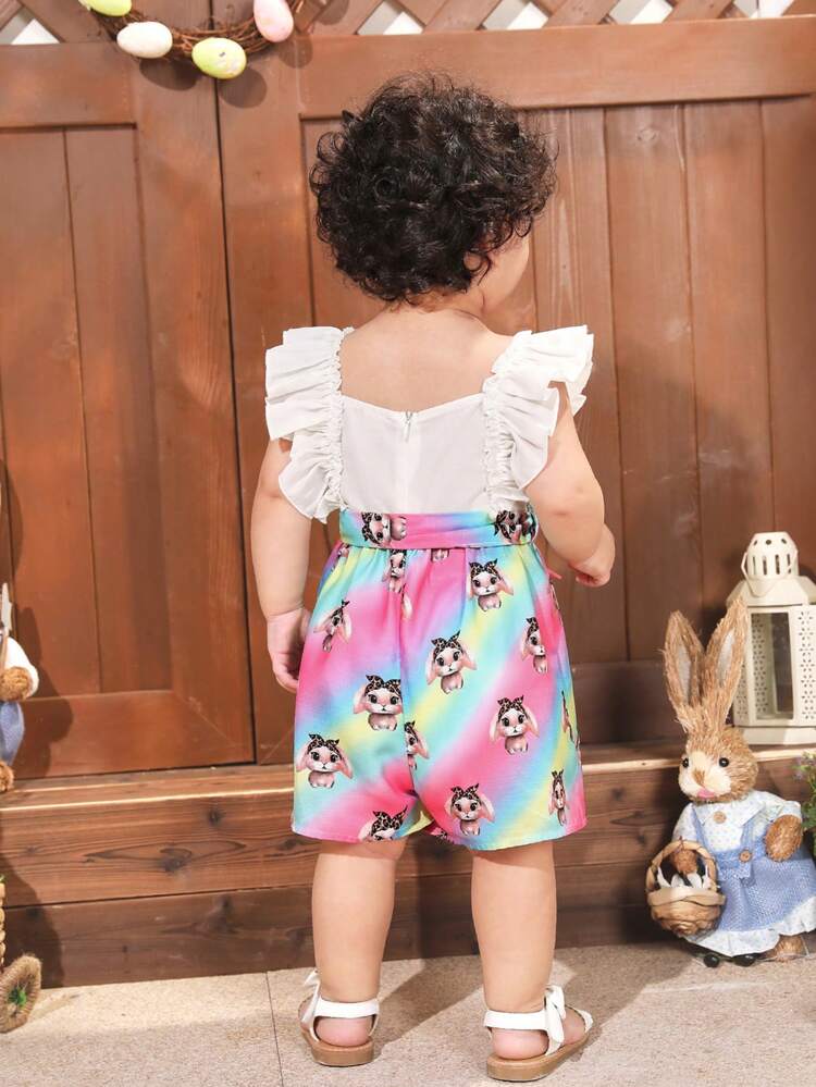 Baby Girls' Casual Summer Cute Cartoon Pattern Colorblock Romper With Ruffle Hem