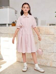 SHEIN 少女鬆身日式休閒落肩領泡泡袖短袖及膝裙 - 粉色 - 查看 4