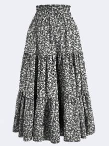 Ditsy Floral Layered Ruffle Elastic Waist Vacation Skirt - Black and White - View 2