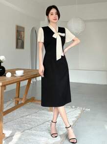 Dazy Designer Quý cô Khối màu Nối Váy có thắt lưng - Nhiều màu - Xem 3
