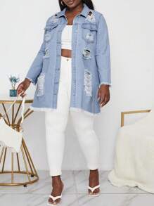 SHEIN SXY Chaqueta De Mezclilla Casual Desgastada De Mujer De Talla Grande Y Sin Elasticidad - Azul - Ver 6