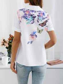 Camisa Blanca De Manga Corta Con Estampado De Mariposas Y Flores Para Mujer - Blanco - Ver 3