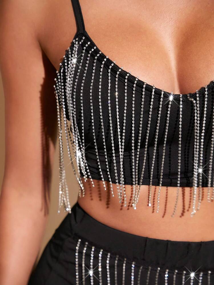 Women's Rhinestone Fringe Decor Short Crop Tank Top And Skirt Set