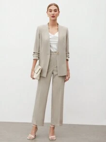 BizChic Áo blazer nữ tay lửng xếp ly, cài một nút, trang phục công sở thanh lịch, áo cơ bản cho các buổi đi chơi, trang phục giáo viên, trang phục trang trọng. - Màu be - Xem 7