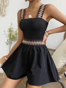 SHEIN Unity 女性幾何紋織花彈性腰帶拼接連體褲 - 黑色 - 查看 3