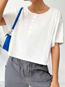 SHEIN EZwear Women's Round Neck Drop Shoulder T-Shirt - White - View 4