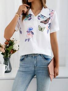 Camisa Blanca De Manga Corta Con Estampado De Mariposas Y Flores Para Mujer - Blanco - Ver 2