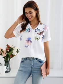 Camisa Blanca De Manga Corta Con Estampado De Mariposas Y Flores Para Mujer - Blanco - Ver 5