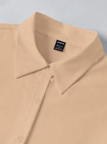 SHEIN LUNE Women's Solid Color Shirt With Ruffle Trim,Long Sleeve Tops Fall Cloth For Women - Khaki - View 7