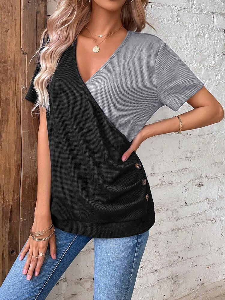 Women's Color Block Wrap Neck T-Shirt