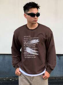 DAZY Men's Slogan Graffiti Print Round Neck Sweatshirt For Spring And Autumn - Coffee Brown - View 5