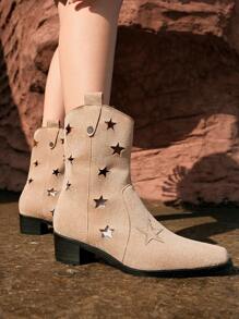 Styleloop Women's Fashionablefaux Suede Pointed Toe Starry Mid-Calf Boots With Chunky Heel - Brown - View 1